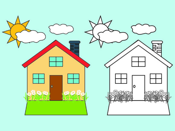 Download House with Sun Kids Coloring Vector - Vector Collection