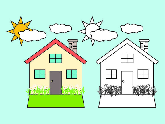 Download Beige House and Sun Kids Coloring Vector - Vector Collection